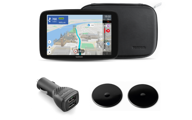 Tragbares Navigationsgerät mit Display, schwarze Transporttasche, USB-Autoladegerät und zwei runde schwarze Klebeplatten