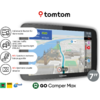 TomTom GO Camper Max Navigationsgerät mit TomTom-Logo oben und 7"-Kennzeichnung unten. Display zeigt 3D-Stadtkarte mit Brücke und Gebäuden, Geschwindigkeitsbegrenzungsschild '32', Entfernungsanzeige '19 m' und Zeit '19:00'. Links vier runde Infoblase