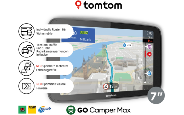 TomTom GO Camper Max Navigationsgerät mit TomTom-Logo oben und 7"-Kennzeichnung unten. Display zeigt 3D-Stadtkarte mit Brücke und Gebäuden, Geschwindigkeitsbegrenzungsschild '32', Entfernungsanzeige '19 m' und Zeit '19:00'. Links vier runde Infoblase
