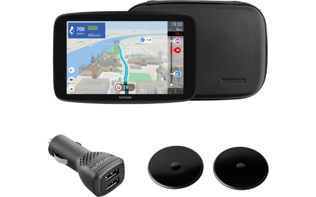 Tragbares Navigationsgerät mit Display, schwarze Transporttasche, USB-Autoladegerät und zwei runde schwarze Klebeplatten