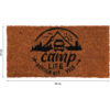 Rechteckige braune Kokosfaser-Fußmatte mit schwarzem Aufdruck: Berg mit Sonne, Wohnmobil, Bäume und Text 'camp LIFE' sowie 'BERGER est. 1958'. Messlinien zeigen 60 cm Breite und 30 cm Höhe
