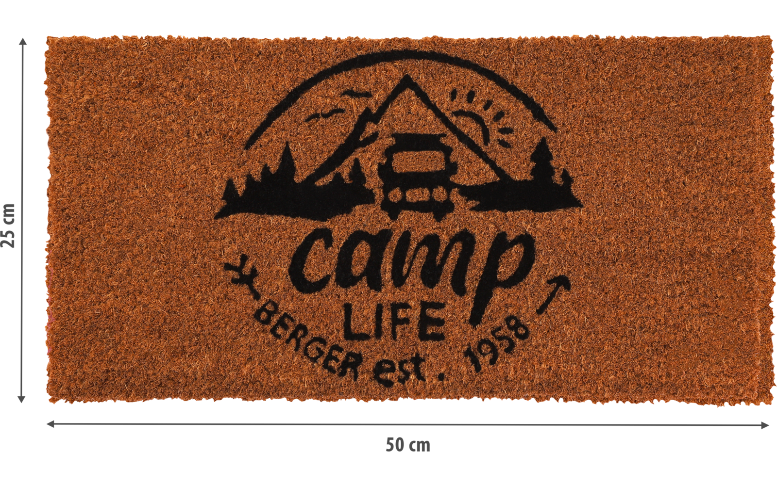 Rechteckige braune Kokosfaser-Fußmatte mit schwarzem Aufdruck: Berg mit Sonne, Wohnmobil, Bäume und Text 'camp LIFE' sowie 'BERGER est. 1958'. Messlinien zeigen 60 cm Breite und 30 cm Höhe