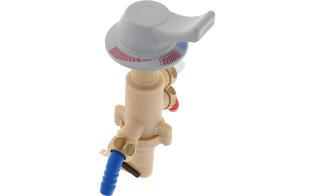 Beige Kunststoffventil mit weißem Hebelgriff oben, roten und blauen Markierungen und einem blauen Schlauch an der Unterseite