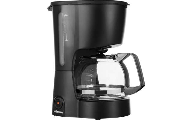 Cafetière filtre noire avec carafe en verre, repères de niveau d'eau et voyant orange