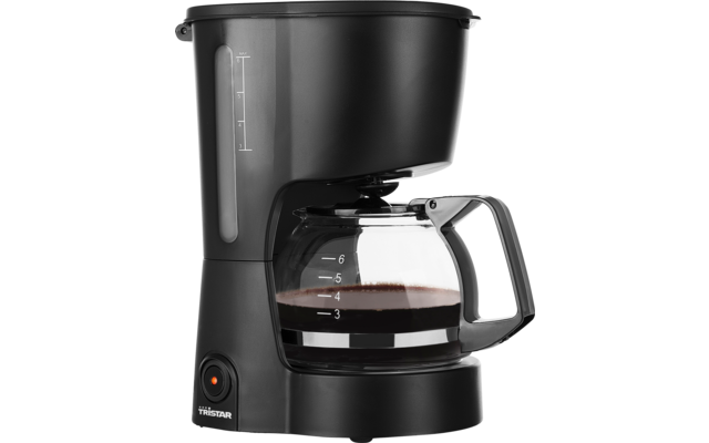 Cafetière filtre noire avec carafe en verre, niveau de café entre les repères 3 et 4 tasses, échelle de niveau d'eau et témoin lumineux