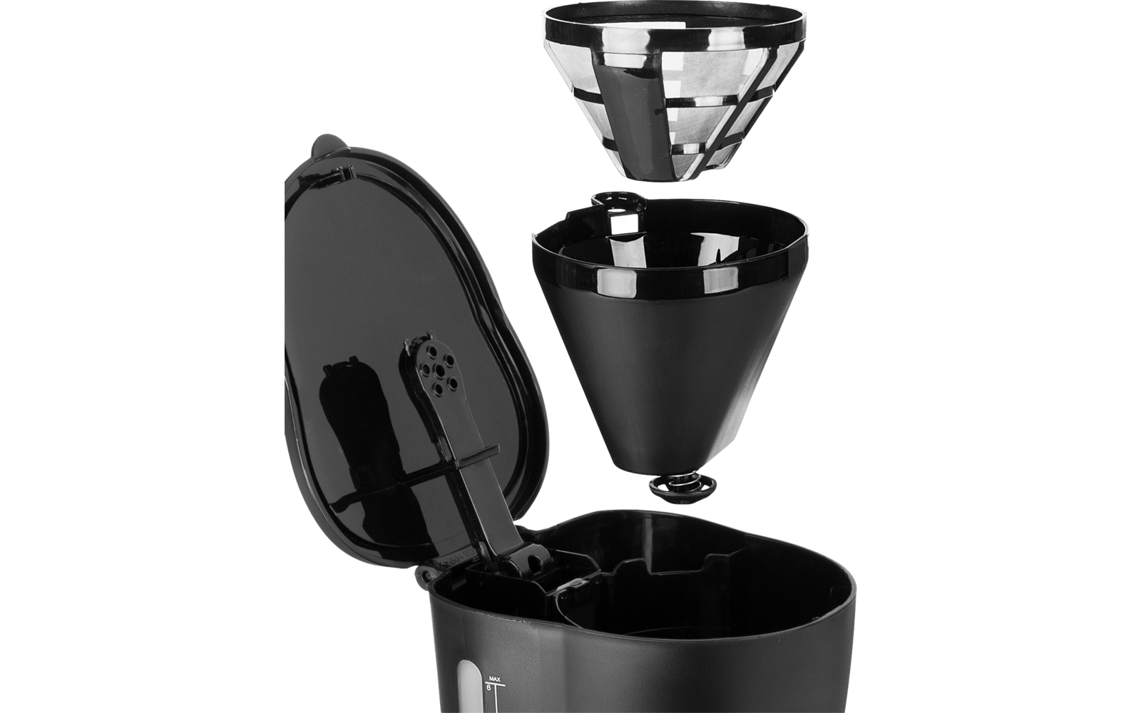 Cafetière filtre noire avec couvercle ouvert et unité de filtre conique retirée présentée en deux parties