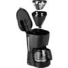 Cafetière filtre noire, couvercle ouvert, porte-filtre amovible au-dessus de l’appareil, carafe en verre sur la plaque chauffante et indicateur du niveau d’eau sur le côté