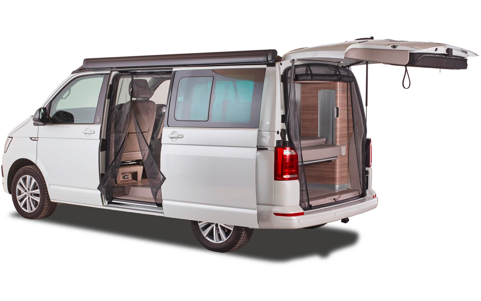 Weißer Van mit offenem Schiebetür- und Heckklappen, Innenraum sichtbar