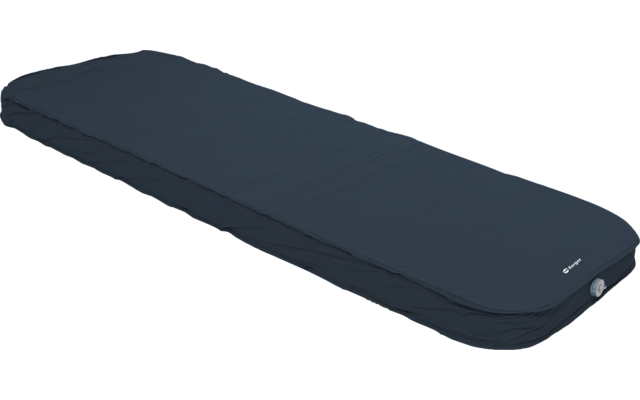 Dunkelblaue, rechteckige aufblasbare Matte mit abgerundeten Ecken, sichtbaren Nähten und Ventil an einer Schmalseite