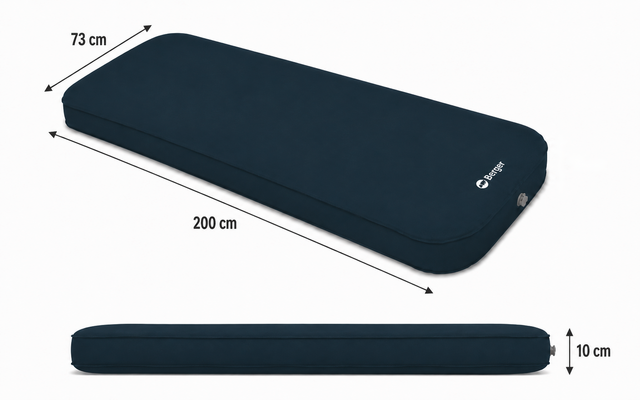 Dunkelblaue rechteckige Matratze mit abgerundeten Ecken, Maßangaben: 200 cm (Länge), 73 cm (Breite), 10 cm (Höhe)