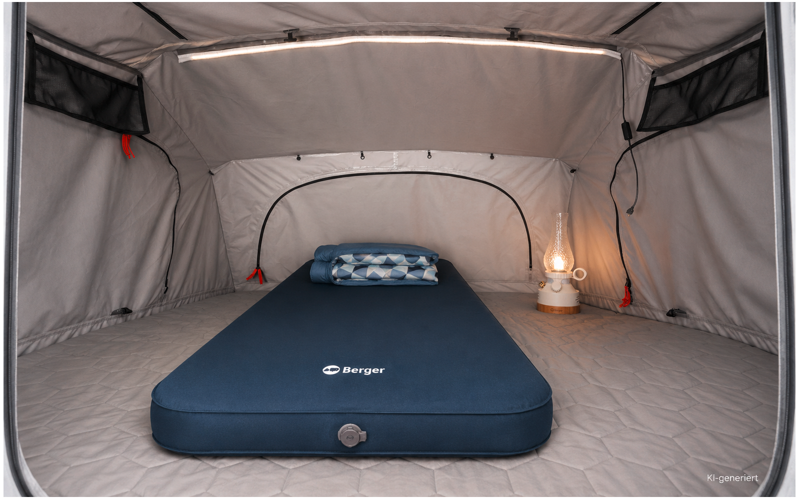Intérieur d'une tente grise avec un matelas gonflable bleu portant un logo, un oreiller à motif et une lanterne à droite