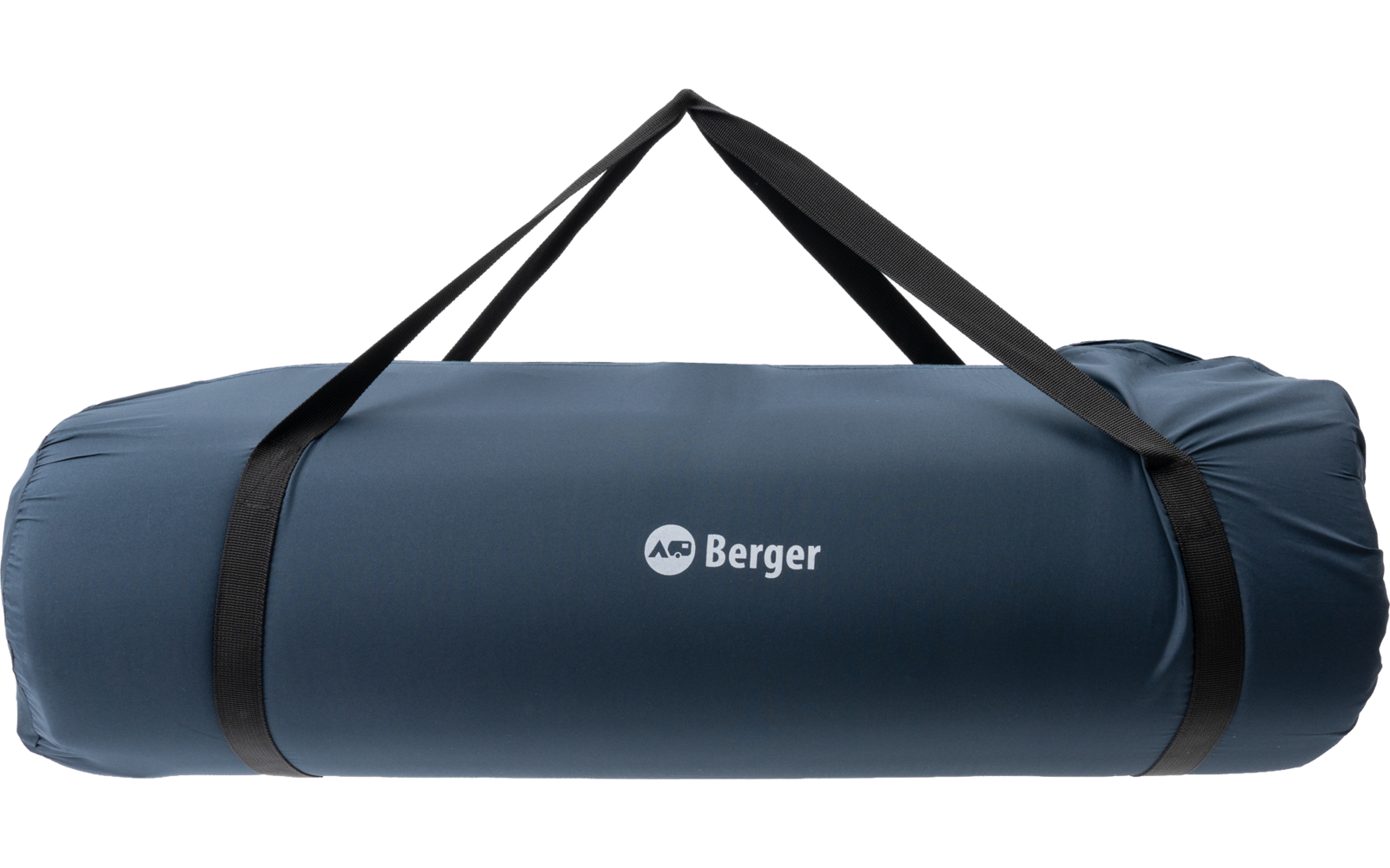 Aufgerollte dunkelblaue Packrolle mit schwarzen Tragegurten und weißem 'Berger'-Logo