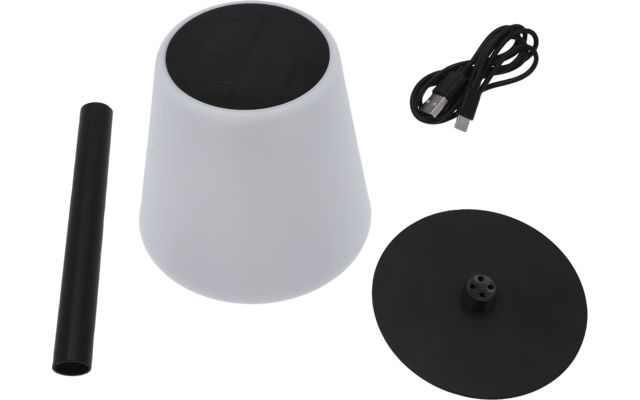Weißes kegelförmiges Gehäuse mit rundem schwarzem Aufsatz; daneben ein schwarzer runder Deckel mit Zapfen, ein schwarzer Zylinderstab und ein schwarzes USB-Kabel