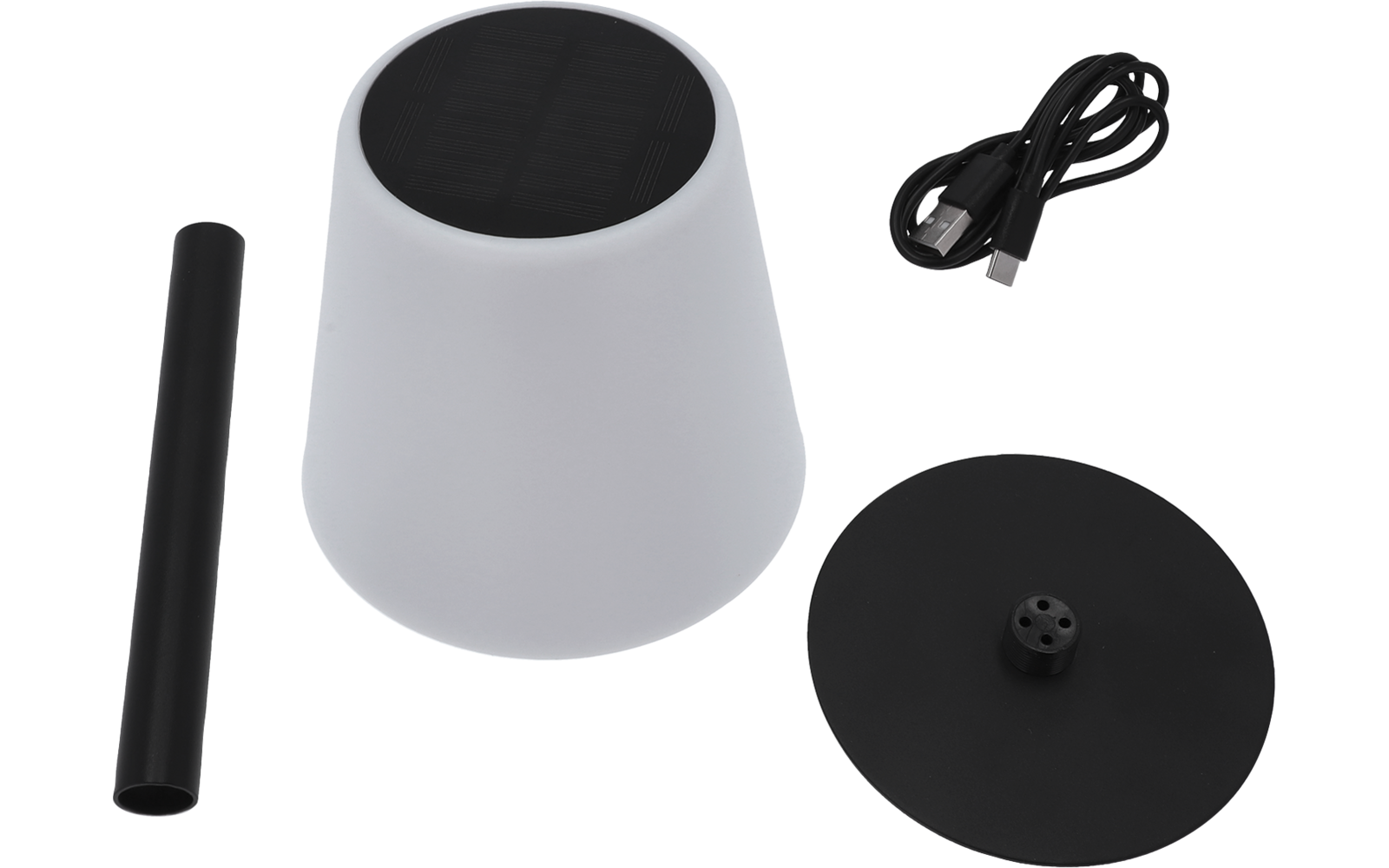 Weißes kegelförmiges Gehäuse mit rundem schwarzem Aufsatz; daneben ein schwarzer runder Deckel mit Zapfen, ein schwarzer Zylinderstab und ein schwarzes USB-Kabel