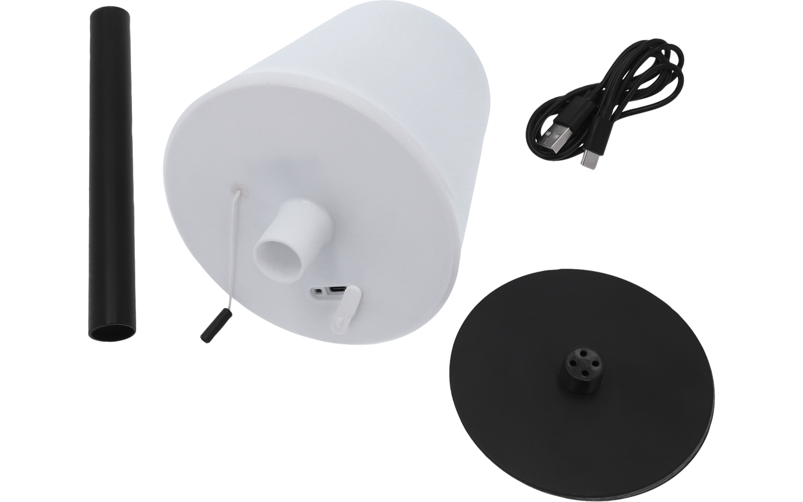 Weißer konischer Körper mit kurzer zylindrischer Auslassöffnung, schwarze runde Scheibe, schwarzes Rohr und schwarzes USB-Kabel