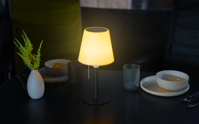 Beleuchtete Tischlampe auf dunklem Esstisch, daneben zwei Teller mit Schalen, zwei Gläser, Besteck und eine weiße Vase mit grünen Zweigen