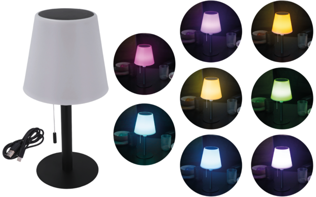 Weiße Tischlampe mit schwarzem Fuß links; rechts neun runde Ansichten derselben Lampe, jeweils in unterschiedlichen Farben beleuchtet