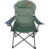 Chaise de camping verte pliable avec accoudoirs, porte-gobelet sur l'accoudoir gauche, structure métallique noire et étiquette orange "TAMBU" en haut du dossier