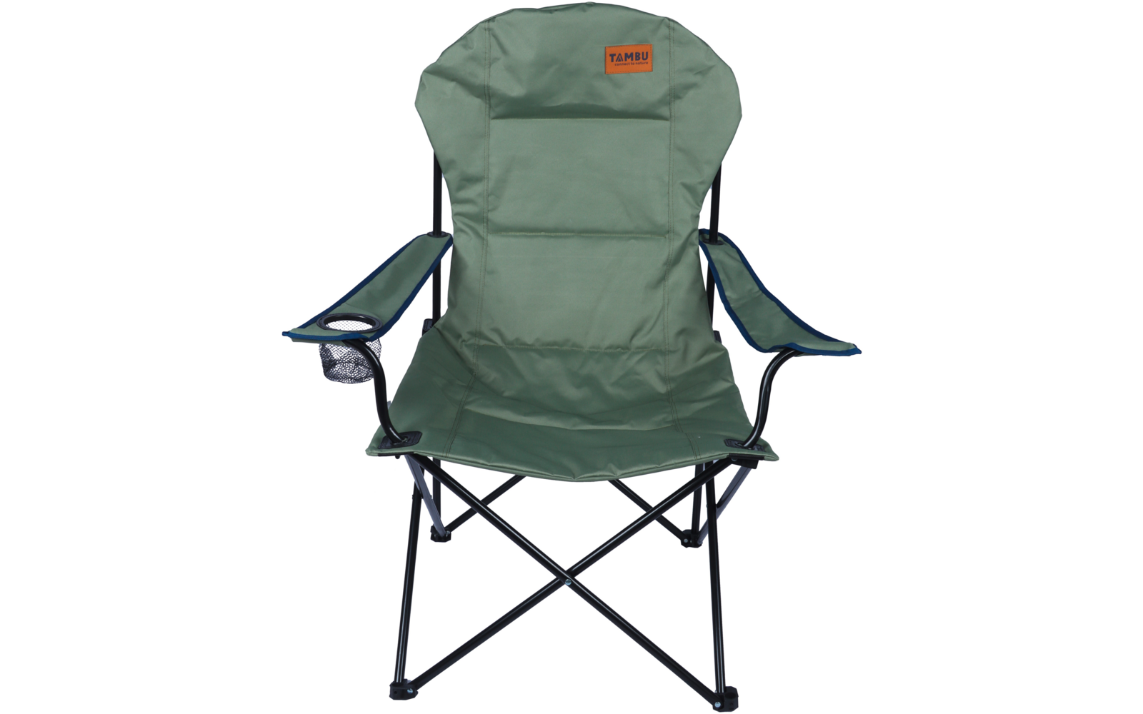 Chaise de camping verte pliable avec accoudoirs, porte-gobelet sur l'accoudoir gauche, structure métallique noire et étiquette orange "TAMBU" en haut du dossier
