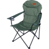 Fauteuil de camping pliant vert avec structure métallique noire, accoudoirs, porte-gobelet en filet et logo orange TAMBU sur l'appuie-tête