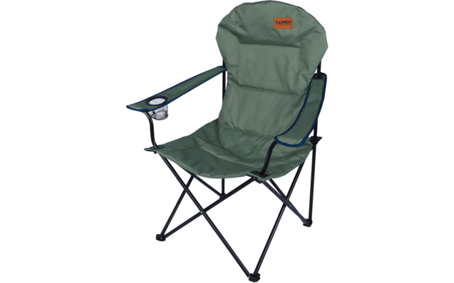 Fauteuil de camping pliant vert avec structure métallique noire, accoudoirs, porte-gobelet en filet et logo orange TAMBU sur l'appuie-tête