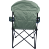 Vue arrière d'une chaise de camping pliante verte avec armature métallique noire, accoudoirs et porte-gobelet sur fond blanc