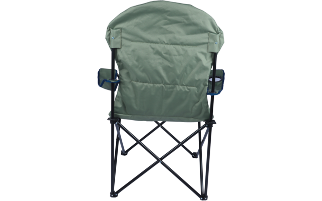 Vue arrière d'une chaise de camping pliante verte avec armature métallique noire, accoudoirs et porte-gobelet sur fond blanc