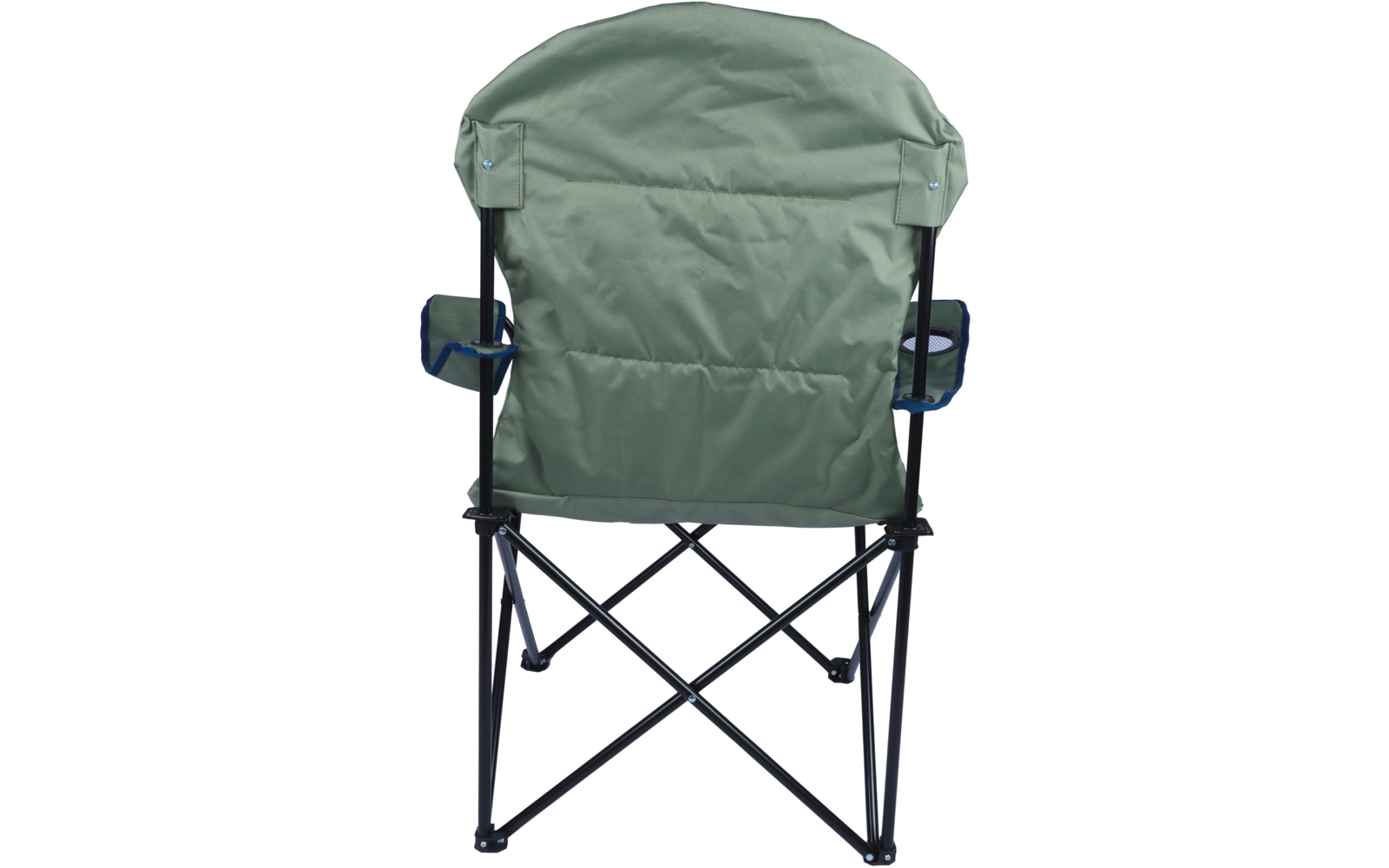 Vue arrière d'une chaise de camping pliante verte avec armature métallique noire, accoudoirs et porte-gobelet sur fond blanc
