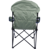 Rückansicht eines grünen klappbaren Campingstuhls mit schwarzem Metallgestell, Armlehnen und Getränkehalter auf weißem Hintergrund