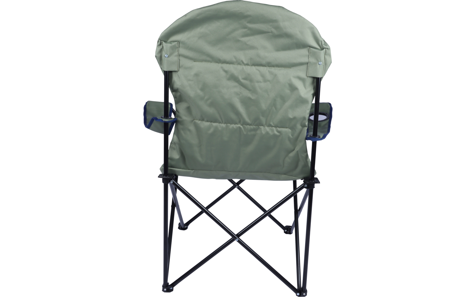 Rückansicht eines grünen klappbaren Campingstuhls mit schwarzem Metallgestell, Armlehnen und Getränkehalter auf weißem Hintergrund