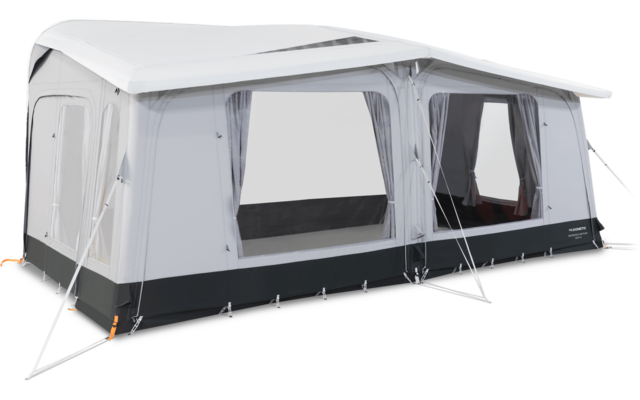 White and gray awning with three large rectangular windows, a side door, support poles and guy lines