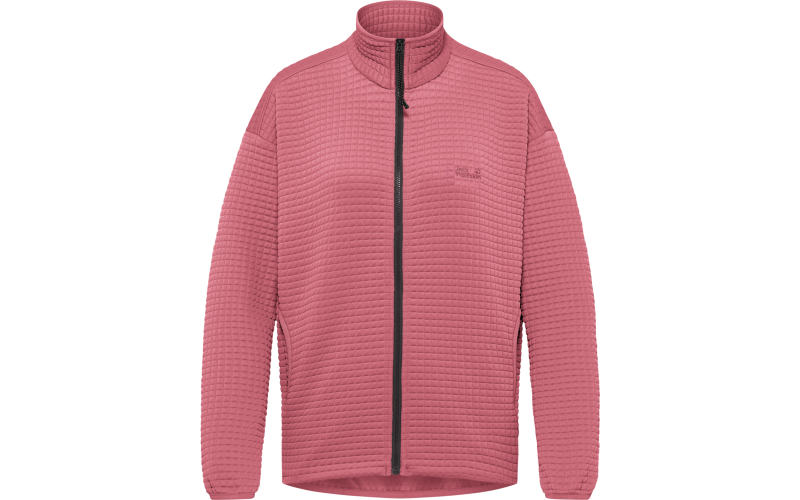 Rosa gesteppte Jacke mit durchgehendem Reißverschluss, Stehkragen, langen Ärmeln und kleinem Logo auf der linken Brust