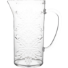 Transparent glass pitcher with handle, spout and embossed floral pattern, empty on white background
