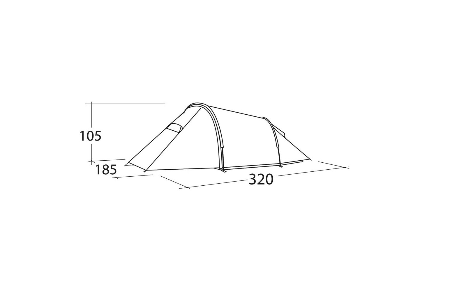 Dessin technique en noir et blanc d'une tente tunnel en vue latérale avec les cotes 320 (longueur), 185 (profondeur) et 105 (hauteur)