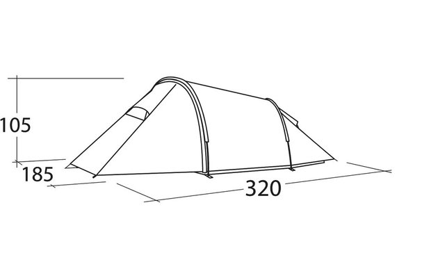 Dessin technique en noir et blanc d'une tente tunnel en vue latérale avec les cotes 320 (longueur), 185 (profondeur) et 105 (hauteur)