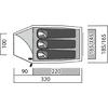 Vue schématique en plan en noir et blanc d'une surface rectangulaire avec une entrée ouverte à gauche, trois matelas rectangulaires avec symboles de tête ovales côte à côte, indications de dimensions '100', '90', '220', '320' et deux mentions verticales '165/145' et '185/165' à droite