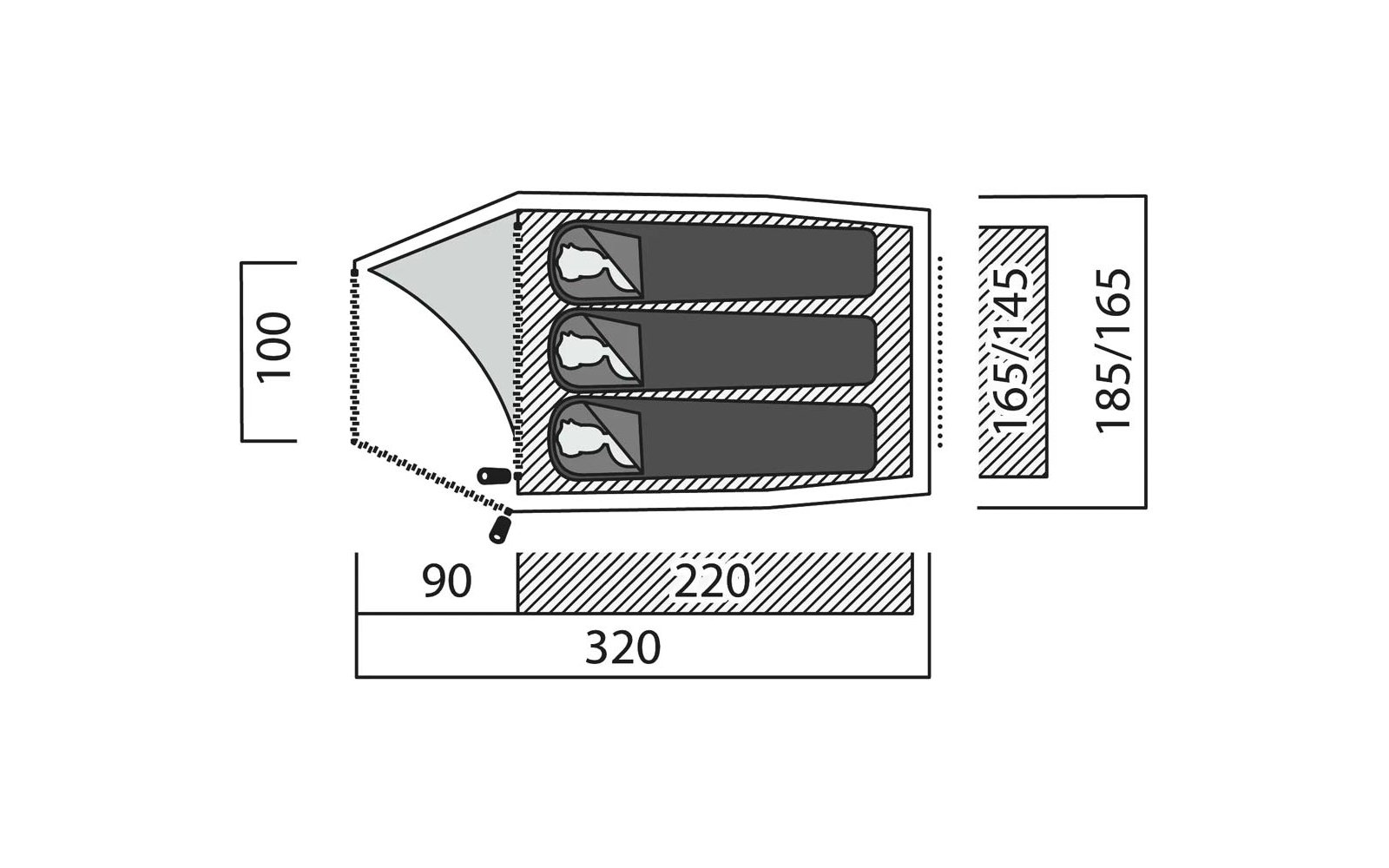 Vue schématique en plan en noir et blanc d'une surface rectangulaire avec une entrée ouverte à gauche, trois matelas rectangulaires avec symboles de tête ovales côte à côte, indications de dimensions '100', '90', '220', '320' et deux mentions verticales '165/145' et '185/165' à droite