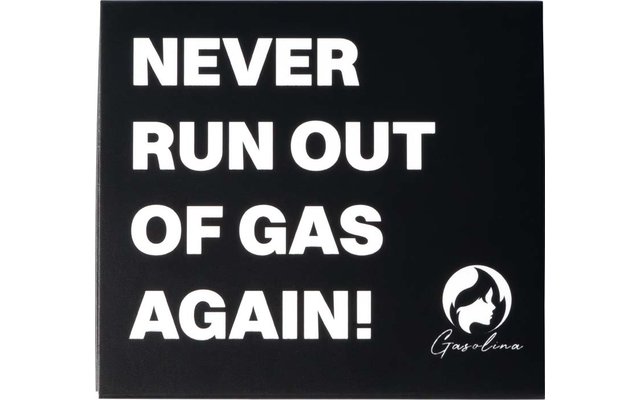 Schwarzes rechteckiges Schild mit weißem Großtext 'NEVER RUN OUT OF GAS AGAIN!' und rundem Logo mit Flamme und Schriftzug 'Gasolina' unten rechts