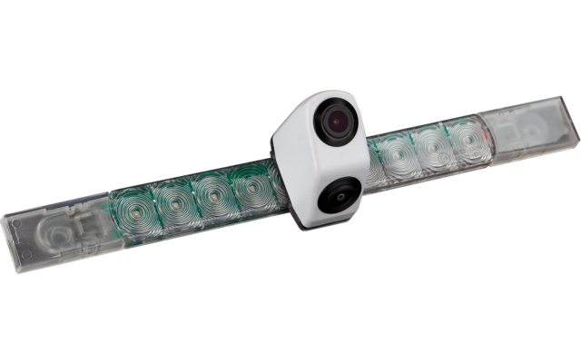 Weißes Gehäuse mit zwei schwarzen Kameralinsen auf einem transparenten Streifen mit mehreren grünen LED-Elementen