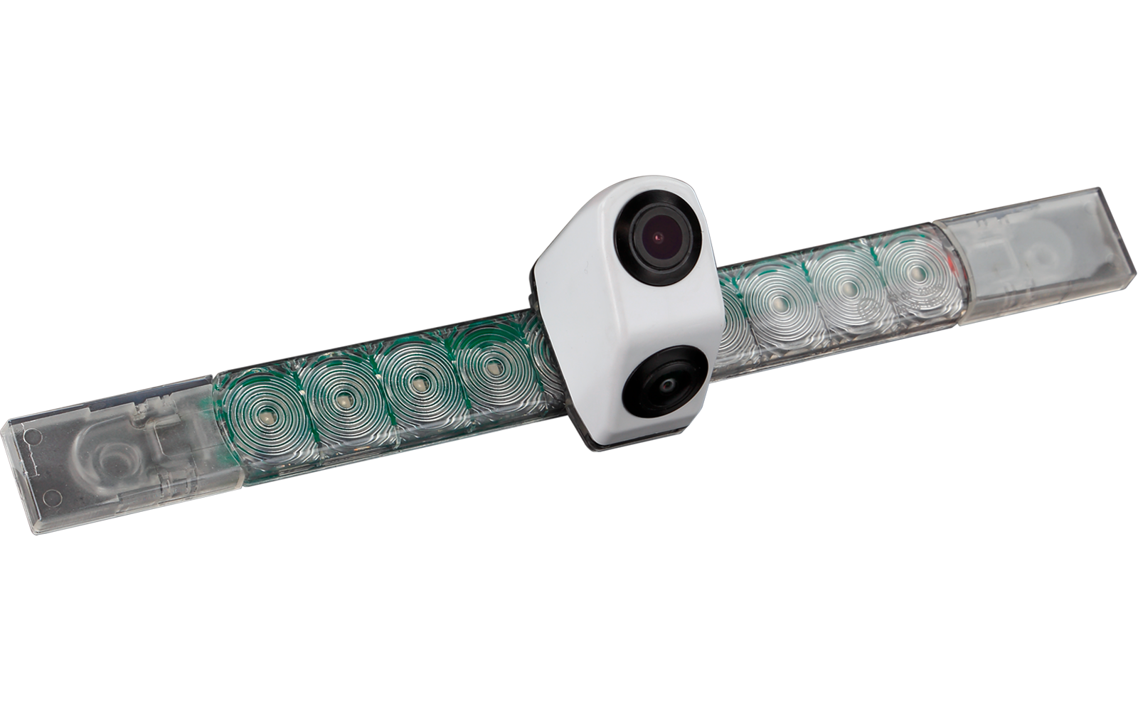 Weißes Gehäuse mit zwei schwarzen Kameralinsen auf einem transparenten Streifen mit mehreren grünen LED-Elementen