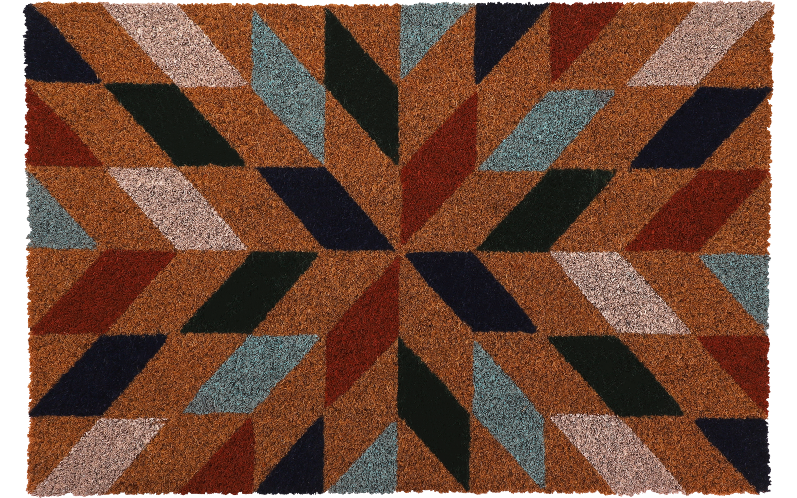 Rechteckige Matte mit symmetrischem Muster aus chevronartigen Rauten in Braun, Rot, Blau, Schwarz und Grau