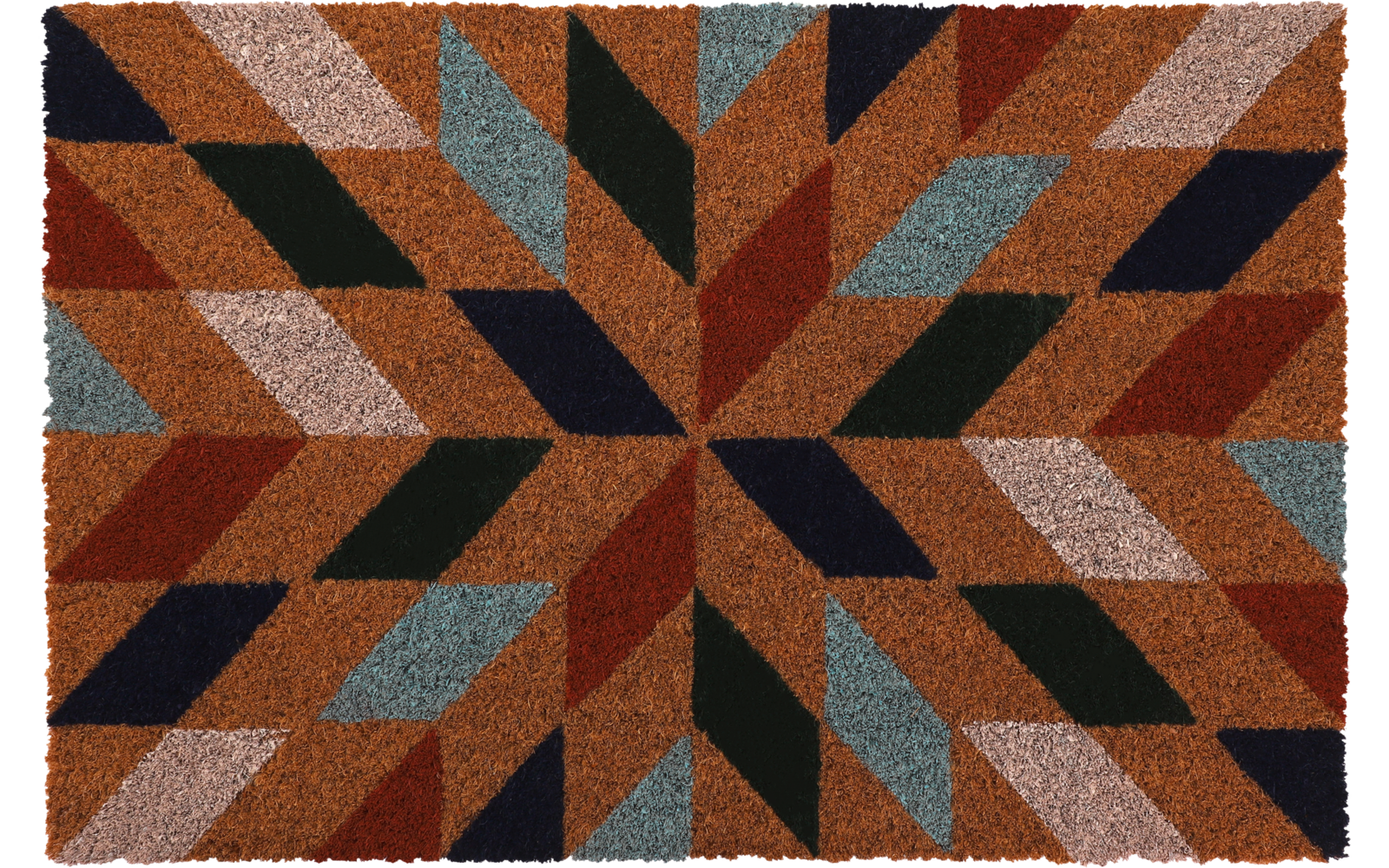 Rechteckige Matte mit symmetrischem Muster aus chevronartigen Rauten in Braun, Rot, Blau, Schwarz und Grau
