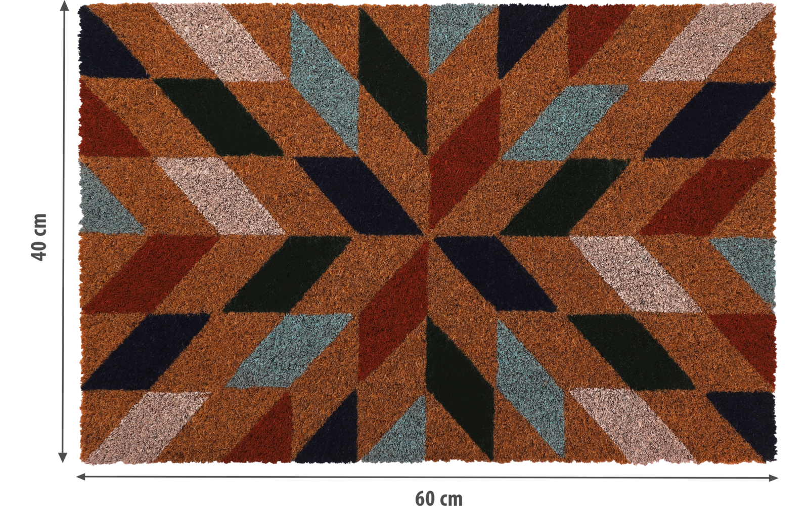 Rechteckige Fußmatte mit geometrischem Chevron-Muster in Orange, Braun, Petrol, Dunkelblau und Schwarz