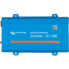 Blaues rechteckiges Gerät mit weißer Aufschrift 'pure sinewave inverter 12 | 250', weißem Logo 'victron energy' links, orangefarbener Streifen und kleinem QR-Code rechts oben