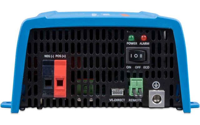 Blaues Gehäuse mit schwarzem Lüftungsgitter, links rote und schwarze Steckklemmen mit Beschriftung 'NEG (-) POS (+)', mittig grüne Anschlussklemme, rechts silberner Schraubkontakt, oberhalb zwei LEDs mit Beschriftungen 'POWER' und 'ALARM', daneben Sc