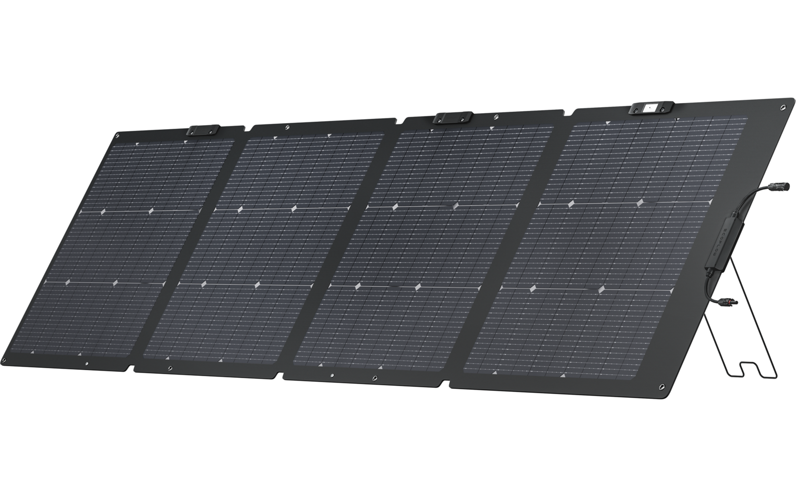 Vier schwarze Solarpaneele aufgeständert, Seitenansicht