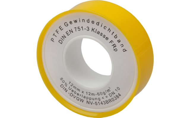 Eine Rolle gelbes PTFE Gewindedichtband mit weißen Innenseite und schwarzer Beschriftung