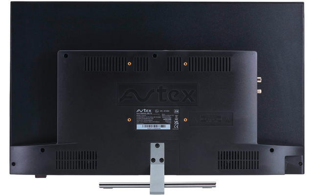 Rückseite eines schwarzen Monitors mit Standfuß und sichtbarem Markenlogo 'Avtex'