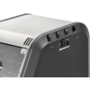 Front of a black and silver electronic device with switches and ventilation slots