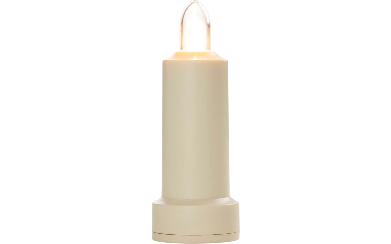 Ivoorkleurig cilindrisch lichaam met transparante, vlamvormige punt, staand op witte achtergrond